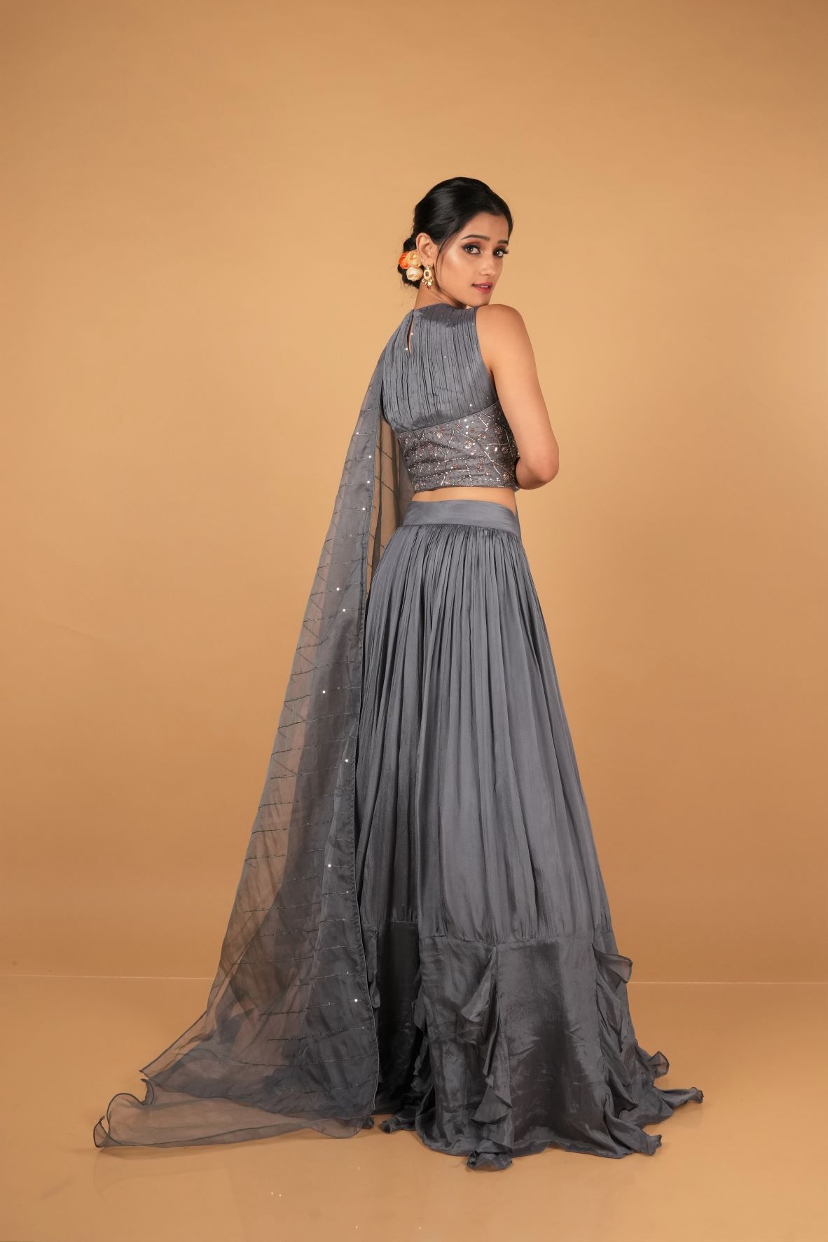 Beauteous Grey Sequined Silk Ready-To-Wear Crop-Top Lehenga Semi Stitched