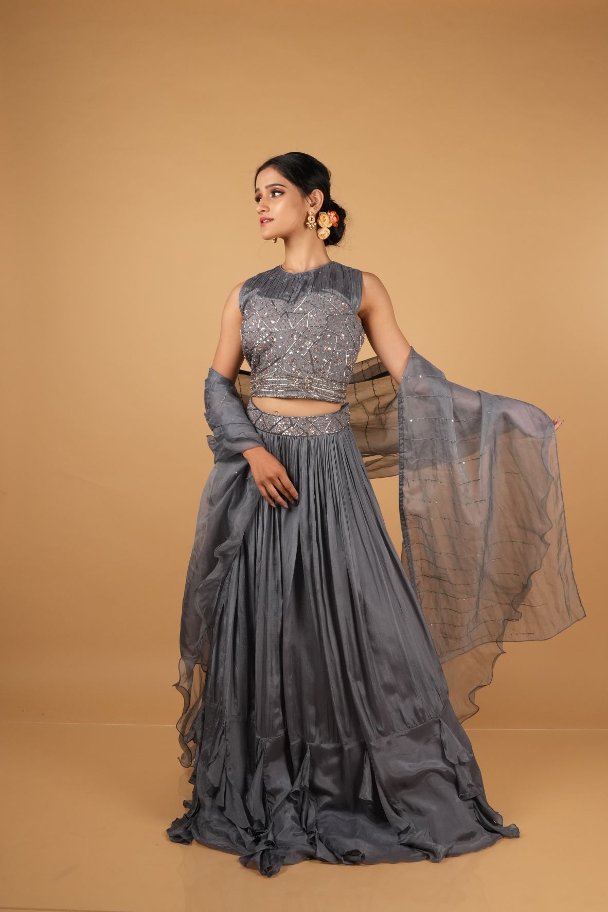 Grey Georgette Sequins and thread embroidery Semi-Stitched L