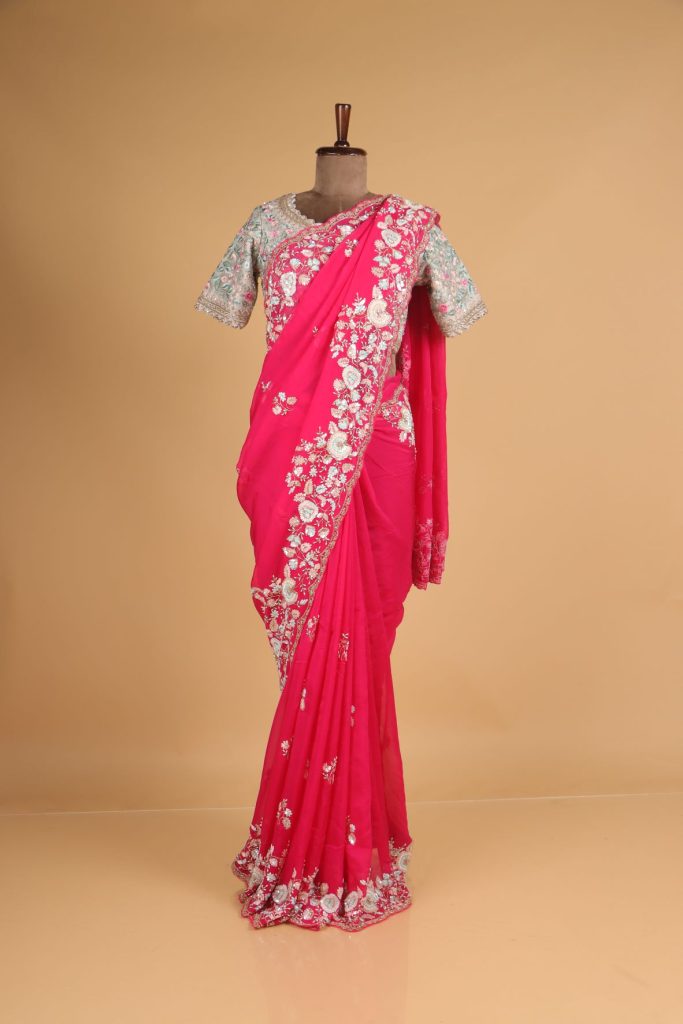 Hot Pink Organza Saree Embellished With Sequins And Pearl Work Snusha