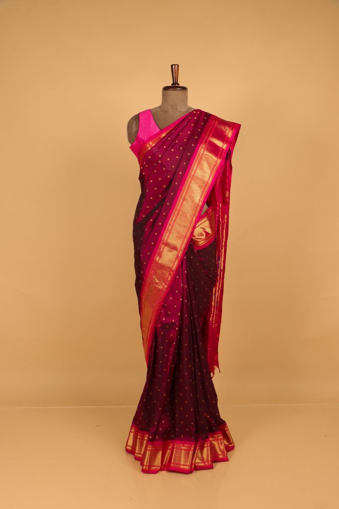 Intricate Golden-Red Colored Festive Wear Woven Paithani Banarasi Silk Saree